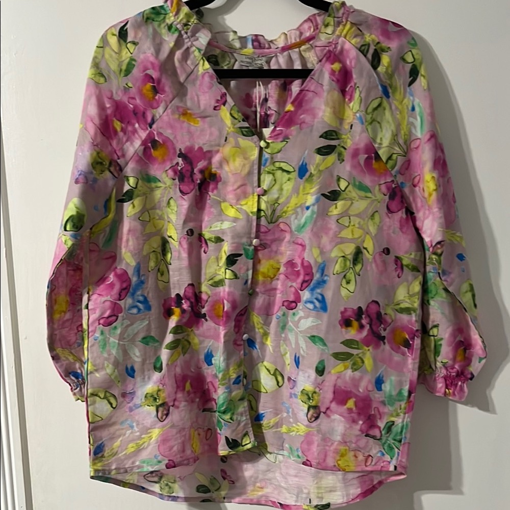 Pink and Yellow Relaxed 3/4 Sleeve Linen Blouse